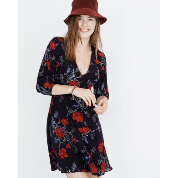 Madewell Navy Blue Windblown Poppies Floral Silk 3/4 Sleeve Ruffle Dress 14 NWT - Picture 1 of 14